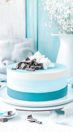 Soft pastel photo of layered cake dessert with blue frosting, a sweet baked treat symbolizing calm celebration and spring renewal.の素材