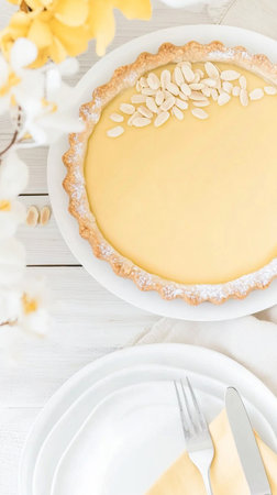 Soft pastel photo of layered cake dessert with yellow frosting, a sweet baked treat radiating warmth, faith, and joyful celebration.の素材