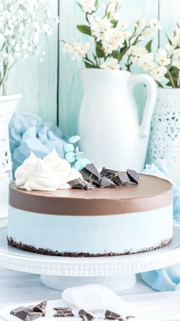 Soft pastel photo of layered cake dessert with blue frosting, a sweet baked treat symbolizing calm celebration and spring renewal.の素材