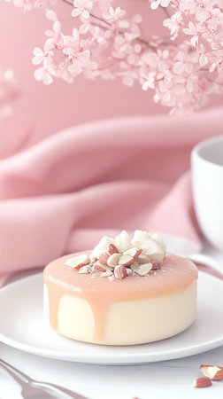Gentle and muted pink color palette featuring a festive sponge cake with icing, symbolizing spring renewal and joyful tradition.の素材