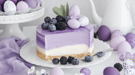 Delicate pastel photo of layered violet cake dessert with gentle frosting tones, symbolizing spirituality, faith, and joyful celebration.の素材