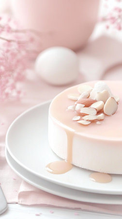 Gentle and muted pink color palette featuring a festive sponge cake with icing, symbolizing spring renewal and joyful tradition.の素材