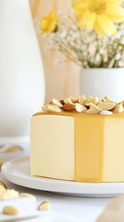 Soft pastel photo of layered cake dessert with yellow frosting, a sweet baked treat radiating warmth, faith, and joyful celebration.の素材