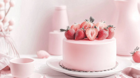 Gentle and muted pink color palette featuring a festive sponge cake with icing, symbolizing spring renewal and joyful tradition.の素材