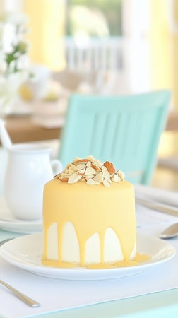 Soft pastel photo of layered cake dessert with yellow frosting, a sweet baked treat radiating warmth, faith, and joyful celebration.の素材