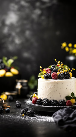 Smooth glossy dessert cake with ripe berries, dark shadows, and dramatic cinematic mood.の素材