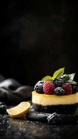 Smooth glossy lime, lemon dessert cake with ripe berries, dark shadows, and dramatic cinematic mood.の素材