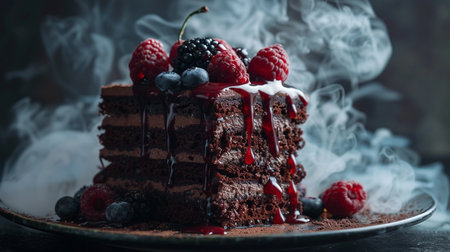Smooth glossy dessert cake with chocolate frosting, juicy berries, captured in smoke moody cinematic shadows.の素材
