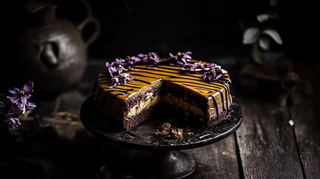 Smooth glossy dessert cake with flowers ripe berries, dark shadows, and dramatic cinematic mood.の素材