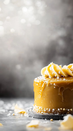 Smooth glossy dessert cake with lemon, lime ripe berries, dark shadows, and dramatic cinematic mood.の素材