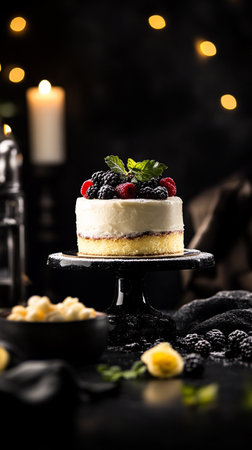 Smooth glossy dessert cake with ripe berries, dark shadows, and dramatic cinematic mood.の素材