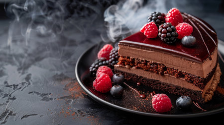 Smooth glossy dessert cake with chocolate frosting, juicy berries, captured in smoke moody cinematic shadows.の素材