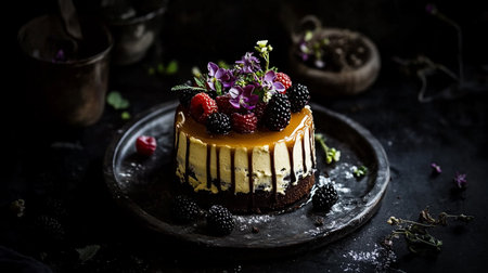 Smooth glossy dessert cake with ripe berries, dark shadows, and dramatic cinematic mood.の素材
