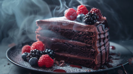 Smooth glossy dessert cake with chocolate frosting, juicy berries, captured in smoke moody cinematic shadows.の素材