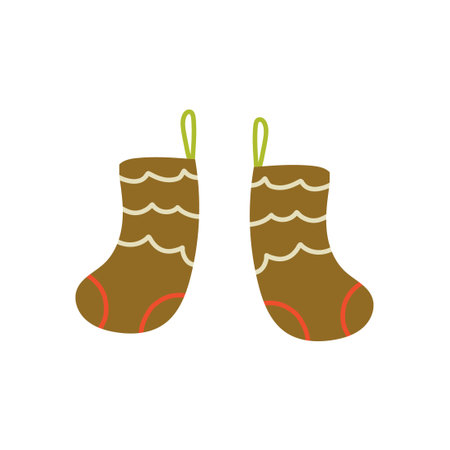 Hand-drawn festive pair of socks hanging by the Christmas tree, colorful whimsical holiday illustration.のイラスト素材