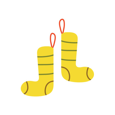 Hand-drawn festive pair of socks hanging by the Christmas tree, colorful whimsical holiday illustration.のイラスト素材