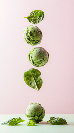 Levitated vegetable ice cream spheres, vibrant tropical colors, modern 3D frozen dessert, floating overhead.の素材