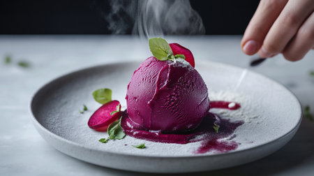 Rounded vegetable ice cream scoops with rising vapor, vibrant colors, flat lay top-down view.の素材