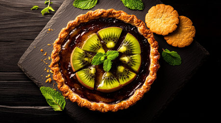 Exotic Fruit Dessert tart kiwi with vibrant tropical fruits, fresh, juicy, and top-down flat lay view.の素材