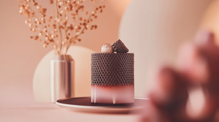 Pink 3D printed cake with geometric layers and glossy surface, modern dessert design.の素材