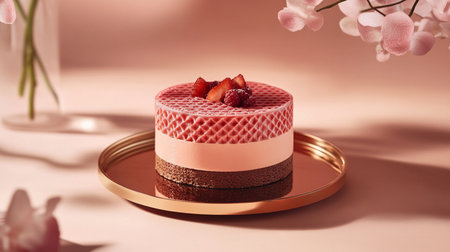 Pink 3D printed cake with geometric layers and glossy surface, modern dessert design.の素材