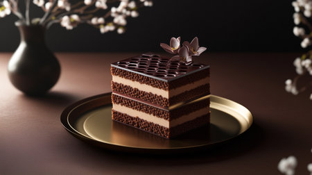 High-tech 3D printed cake with layered chocolate texture and cyber aesthetic.の素材