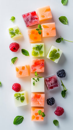 Exotic multicolored sorbet cube blocks, fresh vegan ingredients, bright contemporary top-down view.の素材