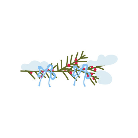Hand drawn berries and blue ribbon on sustainable Christmas tree with snow, whimsical eco holiday vector illustration.のイラスト素材