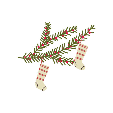 Hand drawn pair of cozy socks hanging on sustainable Christmas tree, eco friendly festive vector illustration.のイラスト素材
