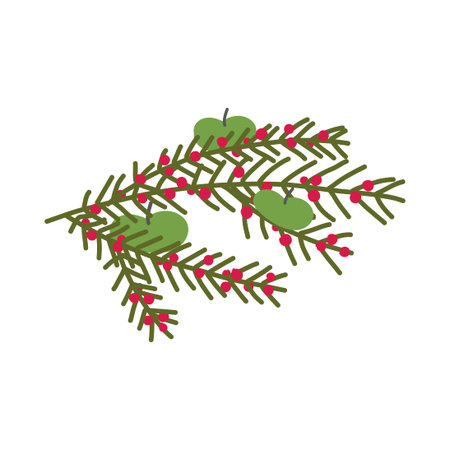 Hand drawn berries and apple on sustainable Christmas tree, eco friendly whimsical holiday vector illustration.のイラスト素材