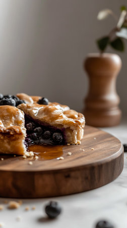 Fresh baked berry pie with golden crust, juicy tropical fruit filling, overhead flat lay photo.の素材