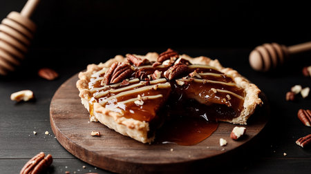 Fresh baked berry pie with golden crust, juicy tropical fruit filling, overhead flat lay photo.の素材