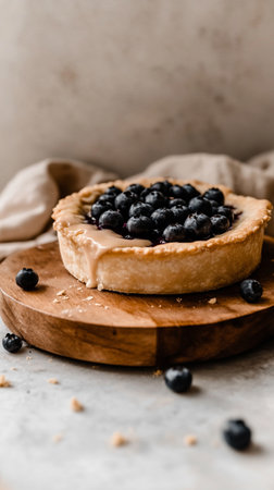 Fresh baked berry pie with golden crust, juicy tropical fruit filling, overhead flat lay photo.の素材