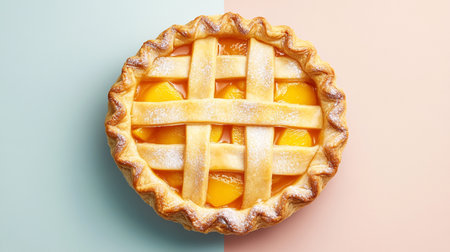 Overhead flat lay of pastel apricot pie with golden crust, juicy tropical fruit filling, baked and fresh.の素材