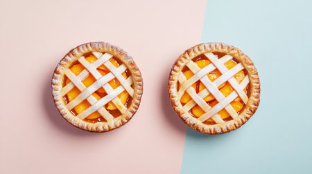 Overhead flat lay of pastel apricot pie with golden crust, juicy tropical fruit filling, baked and fresh.の素材
