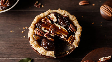 Juicy tropical berry pie with golden crust, fresh and ripe, overhead flat lay photo from above.の素材