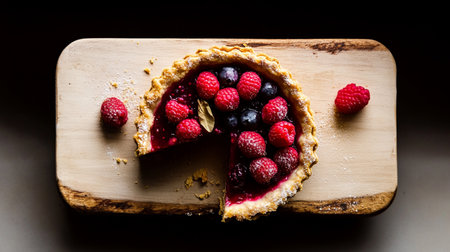Juicy tropical berry pie with golden roasted crust, fresh and ripe, overhead flat lay photo.の素材
