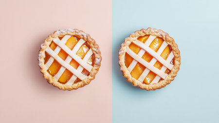 Overhead flat lay of pastel apricot pie with golden crust, juicy tropical fruit filling, baked and fresh.の素材