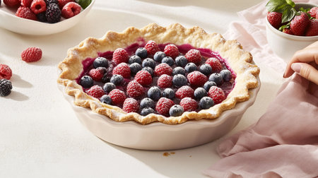 Fresh baked berry pie with golden crust, juicy tropical fruit filling, overhead flat lay photo.の素材
