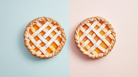 Overhead flat lay of pastel apricot pie with golden crust, juicy tropical fruit filling, baked and fresh.の素材