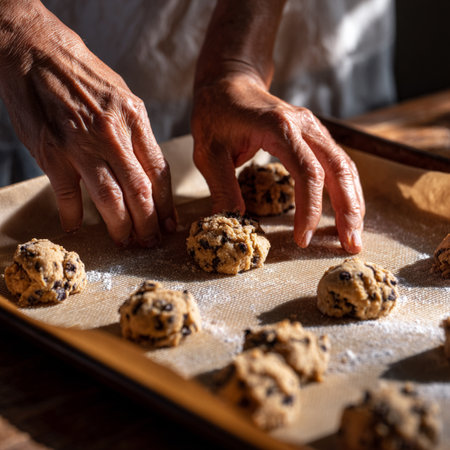 Man baker kneads dough for homemade cookies, golden, crunchy, and perfect for festive treats.の素材