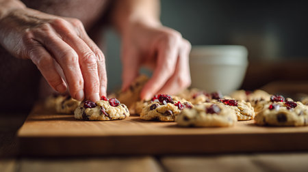 Man baker kneads dough for homemade cookies, golden, crunchy, and perfect for festive treats.の素材