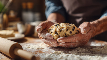 Man baker kneads dough for homemade cookies, golden, crunchy, and perfect for festive treats.の素材