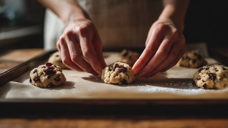 Man baker kneads dough for homemade cookies, golden, crunchy, and perfect for festive treats.の素材