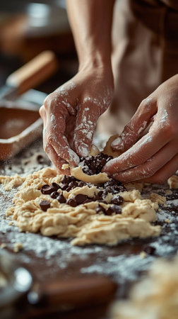 Man baker kneads dough for homemade cookies, golden, crunchy, and perfect for festive treats.の素材