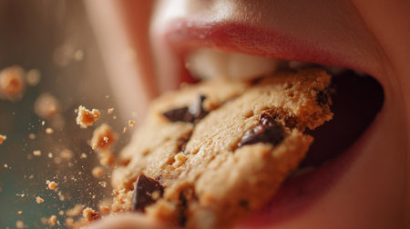 Close-up of a freshly baked chocolate chip cookie, golden and crispy, ready to enjoy.の素材