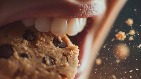 Close-up of a freshly baked chocolate chip cookie, golden and crispy, ready to enjoy.の素材