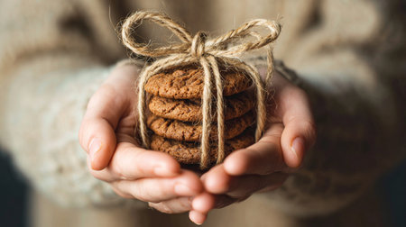 Hands holding a fresh chocolate chip cookie, golden and chewy. Homemade dessert moment full of warmth, indulgence, and comfort food charm.の素材