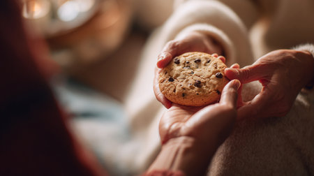 Close-up of hand holding a fresh baked cookie. Warm tones highlight rustic bakery style and irresistible dessert temptation.の素材