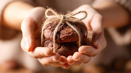Two hands stretch to share a cookie, symbolizing sweetness, connection, and joy. Freshly baked golden pastry in soft natural light.の素材